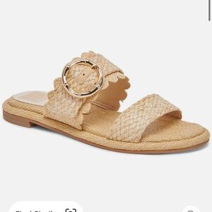 Dolce Vita Alroy Raffia Tan Woven Gold Buckle Slide Sandals Size 7.5